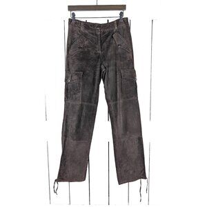 Vintage brown suede leather drawstring ankle cargo style pants
